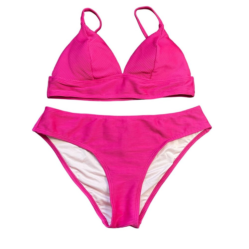 Cupshe Triangle Bikini Set Women's Medium Hipster Hot Pink Textured Stripes NEW